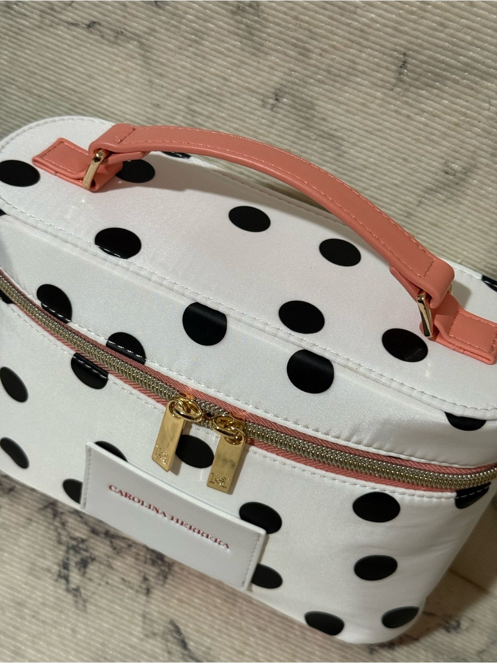 Carolina Herrera Beauty White Polka Dot Cosmetic Case with Pink Top Handle - Picture 7 of 16